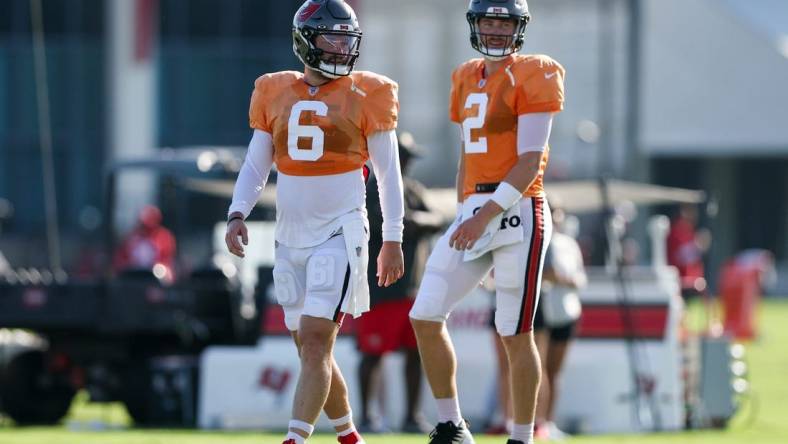 Aug 3, 2023; Tampa Bay, FL, USA;  Tampa Bay Buccaneers quarterback Baker Mayfield (6) and quarterback Kyle Trask (2) participate in training camp at AdventHealth Training Center. Mandatory Credit: Nathan Ray Seebeck-USA TODAY Sports