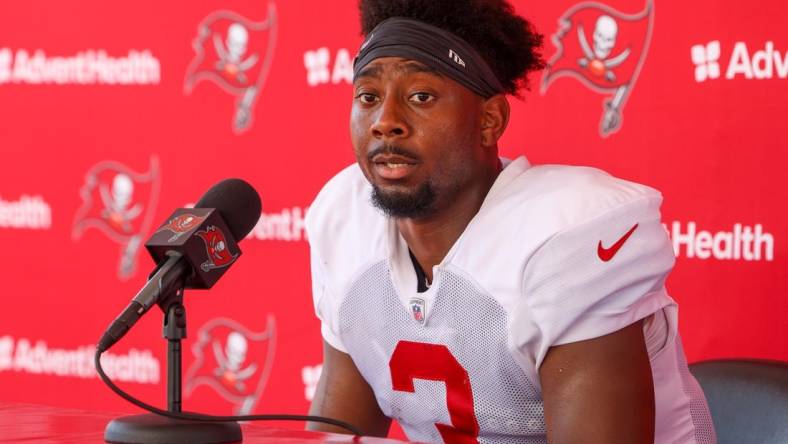 Aug 3, 2023; Tampa Bay, FL, USA;  Tampa Bay Buccaneers wide receiver Russell Gage (3) gives a press conference after training camp at AdventHealth Training Center. Mandatory Credit: Nathan Ray Seebeck-USA TODAY Sports