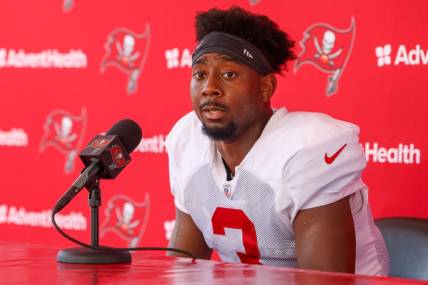 Aug 3, 2023; Tampa Bay, FL, USA;  Tampa Bay Buccaneers wide receiver Russell Gage (3) gives a press conference after training camp at AdventHealth Training Center. Mandatory Credit: Nathan Ray Seebeck-USA TODAY Sports