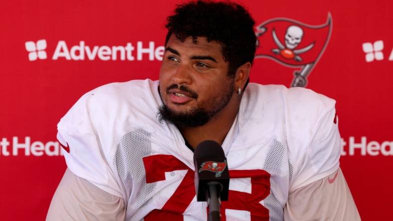 Aug 3, 2023; Tampa Bay, FL, USA;  Tampa Bay Buccaneers offensive tackle Tristan Wirfs (78) gives a press conference after training camp at AdventHealth Training Center. Mandatory Credit: Nathan Ray Seebeck-USA TODAY Sports