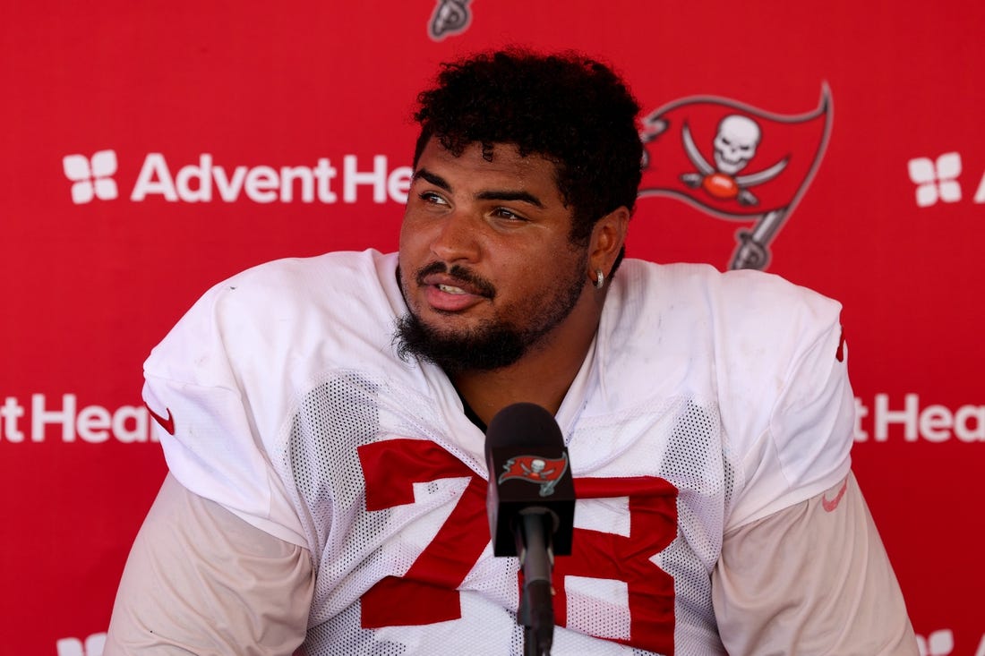Aug 3, 2023; Tampa Bay, FL, USA;  Tampa Bay Buccaneers offensive tackle Tristan Wirfs (78) gives a press conference after training camp at AdventHealth Training Center. Mandatory Credit: Nathan Ray Seebeck-USA TODAY Sports
