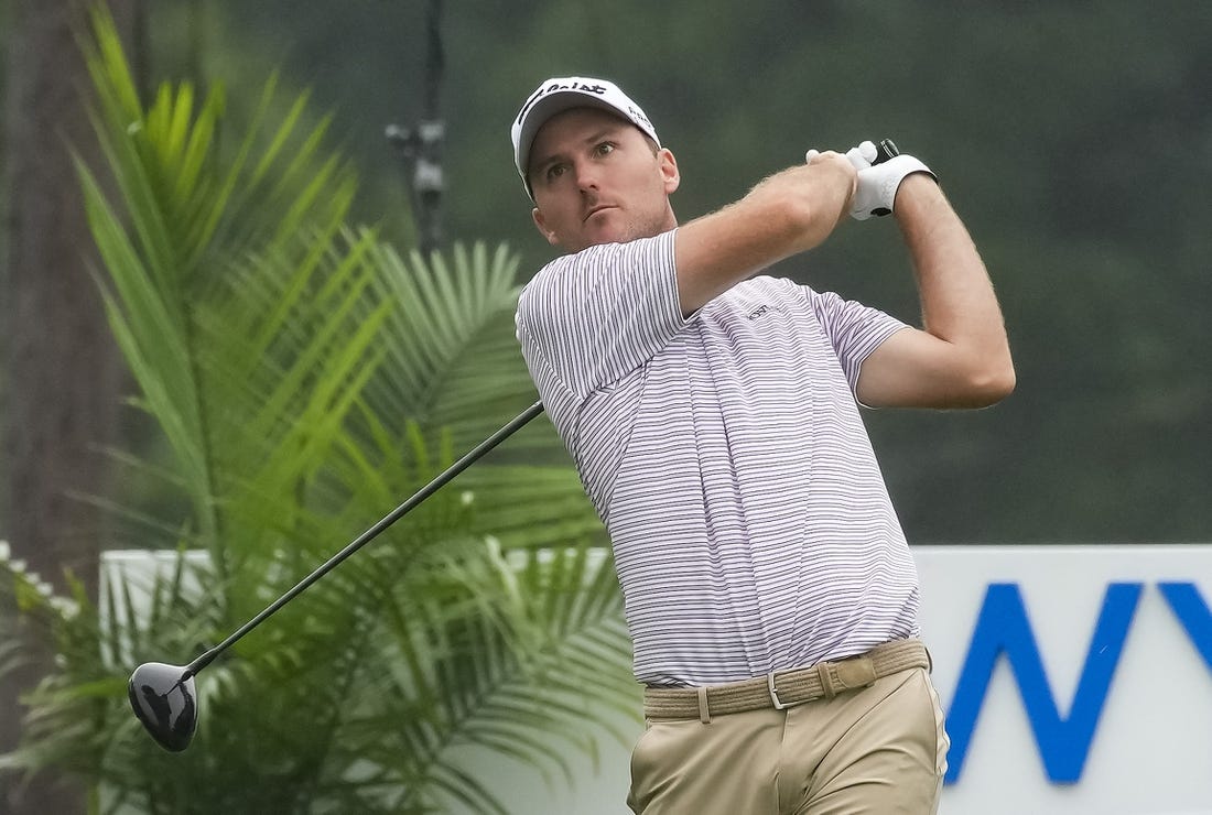 Aug 4, 2023; Greensboro, North Carolina, USA; Russell Henley plays from the 9th tee during the second round of the Wyndham Championship golf tournament. Mandatory Credit: David Yeazell-USA TODAY Sports