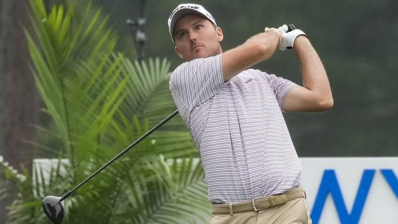 Aug 4, 2023; Greensboro, North Carolina, USA; Russell Henley plays from the 9th tee during the second round of the Wyndham Championship golf tournament. Mandatory Credit: David Yeazell-USA TODAY Sports