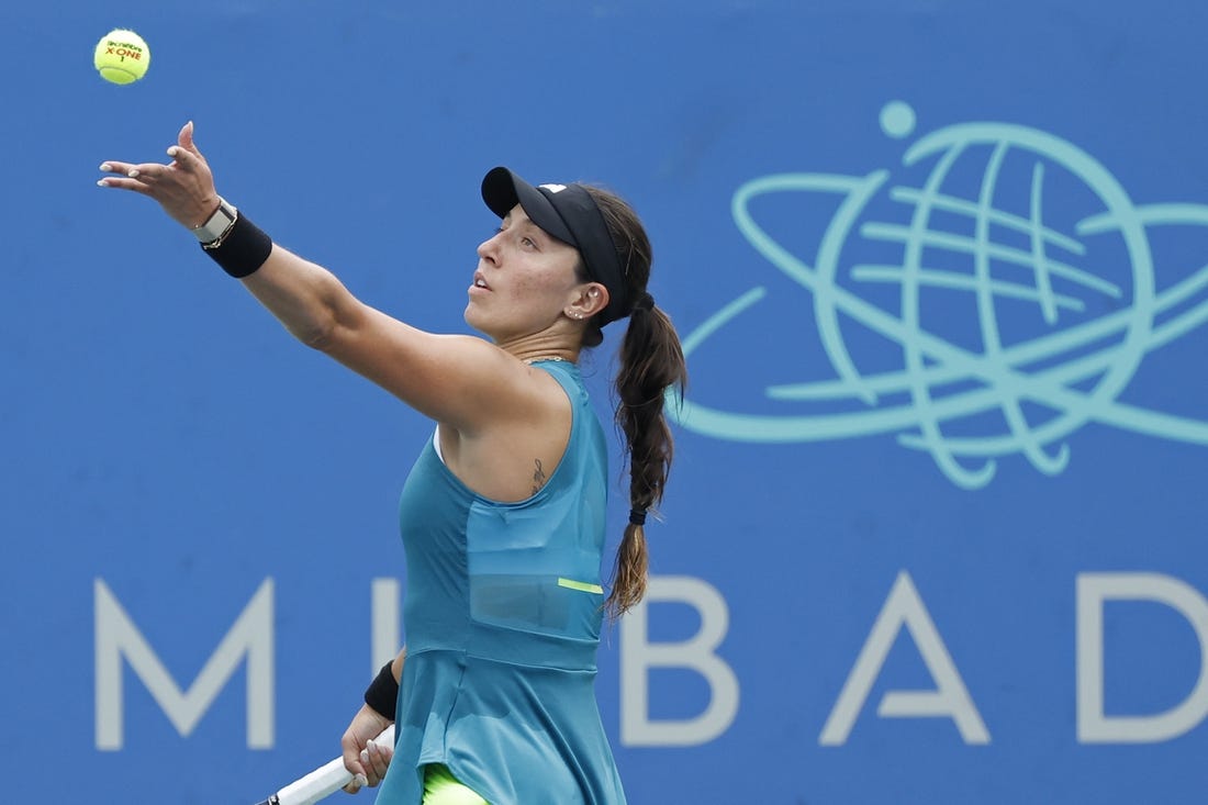 Aug 4, 2023; Washington, D.C., USA; Jessica Pegula (USA) serves against Elina Svitolina (UKR) (not pictured) on day seven of the Mubadala Citi DC Open at Fitzgerald Tennis Stadium. Mandatory Credit: Geoff Burke-USA TODAY Sports