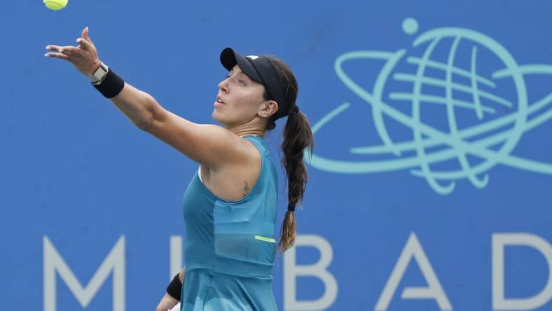 Aug 4, 2023; Washington, D.C., USA; Jessica Pegula (USA) serves against Elina Svitolina (UKR) (not pictured) on day seven of the Mubadala Citi DC Open at Fitzgerald Tennis Stadium. Mandatory Credit: Geoff Burke-USA TODAY Sports