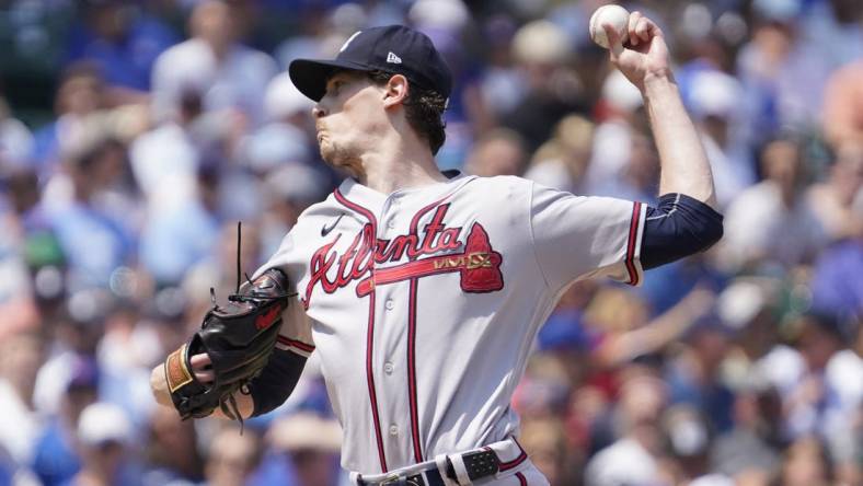 Aug 4, 2023; Chicago, Illinois, USA; Atlanta Braves starting pitcher Max Fried (54) throws the ball against the Chicago Cubs during the first inning at Wrigley Field. Mandatory Credit: David Banks-USA TODAY Sports