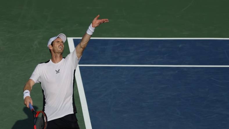 Aug 4, 2023; Washington, D.C., USA; Andy Murray (GBR) serves against Taylor Fritz (USA) (not pictured) on day seven of the Mubadala Citi DC Open at Fitzgerald Tennis Stadium. Mandatory Credit: Geoff Burke-USA TODAY Sports