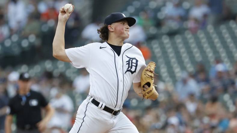 Aug 4, 2023; Detroit, Michigan, USA;  Detroit Tigers starting pitcher Reese Olson (45) pitches in the first inning against the Tampa Bay Rays at Comerica Park. Mandatory Credit: Rick Osentoski-USA TODAY Sports