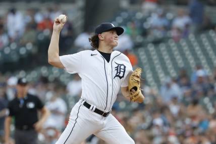 Aug 4, 2023; Detroit, Michigan, USA;  Detroit Tigers starting pitcher Reese Olson (45) pitches in the first inning against the Tampa Bay Rays at Comerica Park. Mandatory Credit: Rick Osentoski-USA TODAY Sports