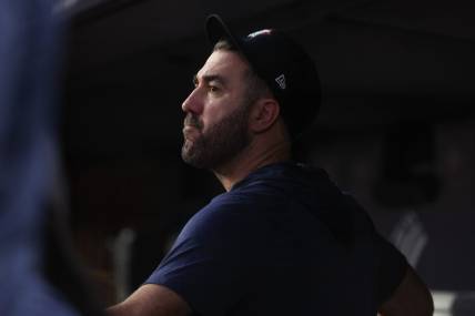 Aug 4, 2023; Bronx, New York, USA; Houston Astros starting pitcher Justin Verlander (35) looks on from the dugout during the third inning against the New York Yankee at Yankee Stadium. Mandatory Credit: Vincent Carchietta-USA TODAY Sports