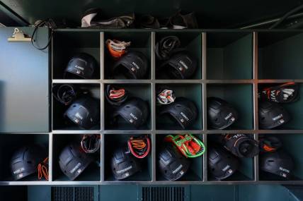 Jul 26, 2023; San Francisco, California, USA;A general view of the San Francisco Giants batting helmets before the game against the Oakland Athletics at Oracle Park. Mandatory Credit: Sergio Estrada-USA TODAY Sports
