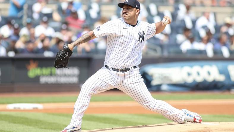 Aug 5, 2023; Bronx, New York, USA;  New York Yankees starting pitcher Nestor Cortes (65) pitches in the first inning against the Houston Astros at Yankee Stadium. Mandatory Credit: Wendell Cruz-USA TODAY Sports