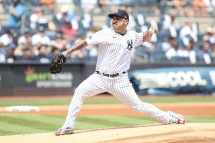 Aug 5, 2023; Bronx, New York, USA;  New York Yankees starting pitcher Nestor Cortes (65) pitches in the first inning against the Houston Astros at Yankee Stadium. Mandatory Credit: Wendell Cruz-USA TODAY Sports