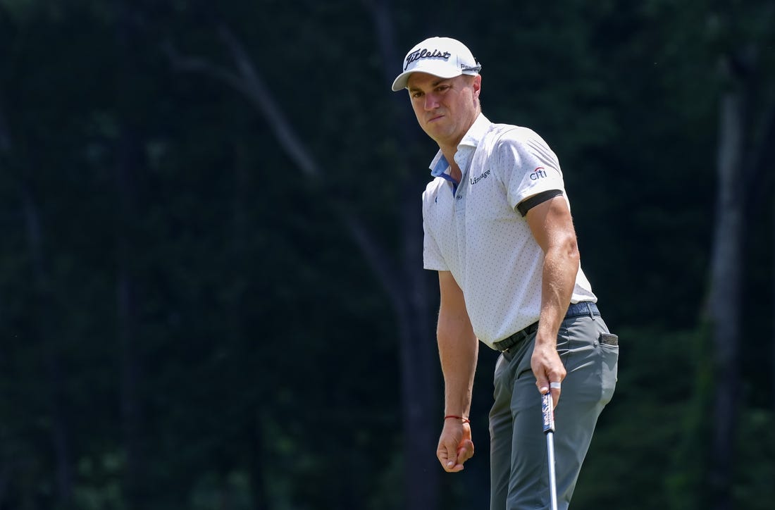 Aug 5, 2023; Greensboro, North Carolina, USA; Justin Thomas reacts to a putt on the 9th green during the third round of the Wyndham Championship golf tournament. Mandatory Credit: David Yeazell-USA TODAY Sports