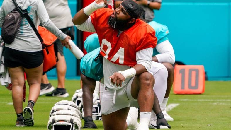 Miami Dolphins defensive tackle Christian Wilkins (94) participates in the scrimmage at Hard Rock Stadium, Saturday, August 5, 2023 in Miami Gardens.