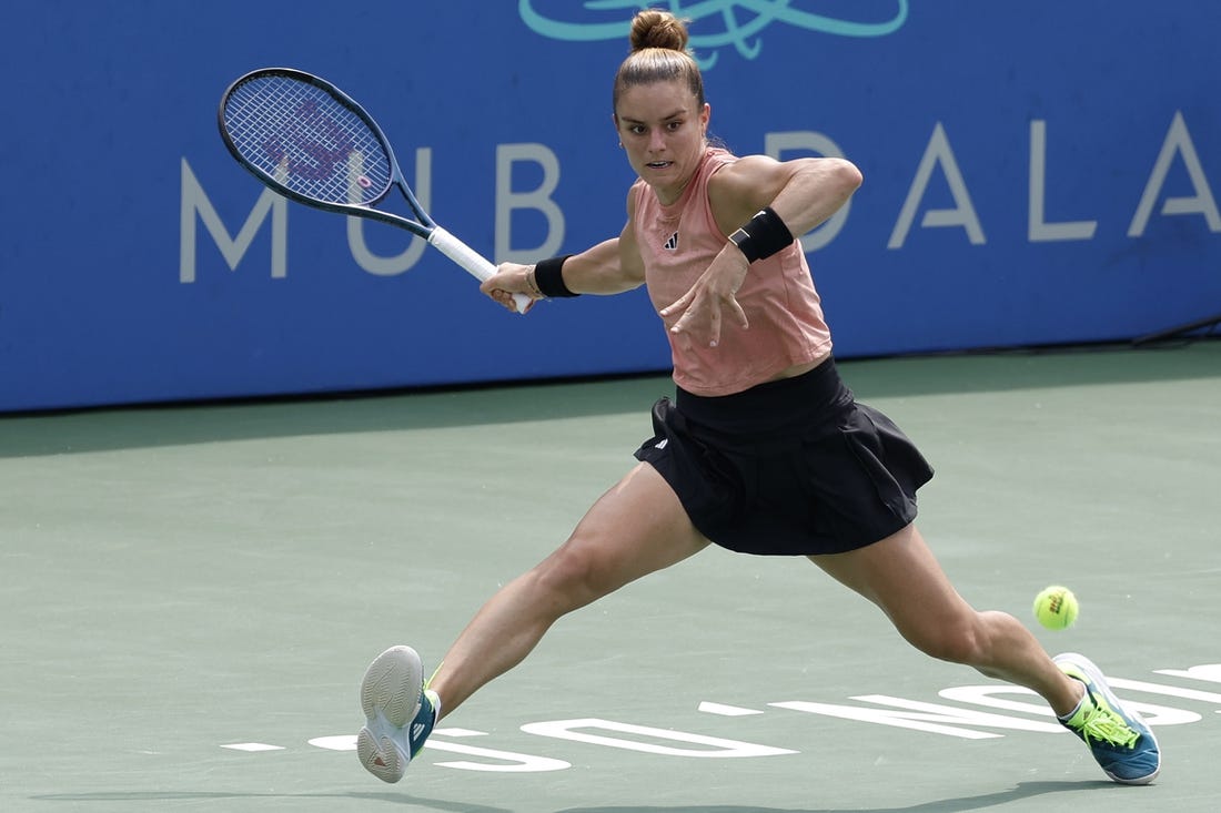 Aug 5, 2023; Washington, D.C., USA; Maria Sakkari (GRE) reaches for a forehand against Jessica Pegula (USA) (not pictured) in a women's singles semifinal on day eight of the Mubadala Citi DC Open at Fitzgerald Tennis Stadium. Mandatory Credit: Geoff Burke-USA TODAY Sports