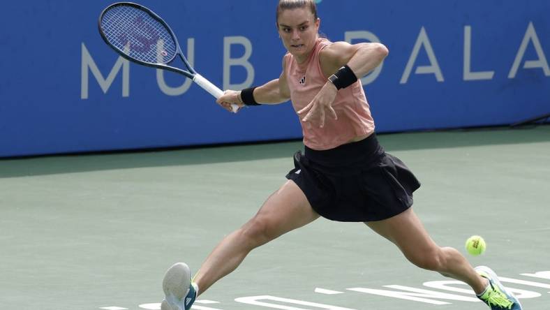 Aug 5, 2023; Washington, D.C., USA; Maria Sakkari (GRE) reaches for a forehand against Jessica Pegula (USA) (not pictured) in a women's singles semifinal on day eight of the Mubadala Citi DC Open at Fitzgerald Tennis Stadium. Mandatory Credit: Geoff Burke-USA TODAY Sports