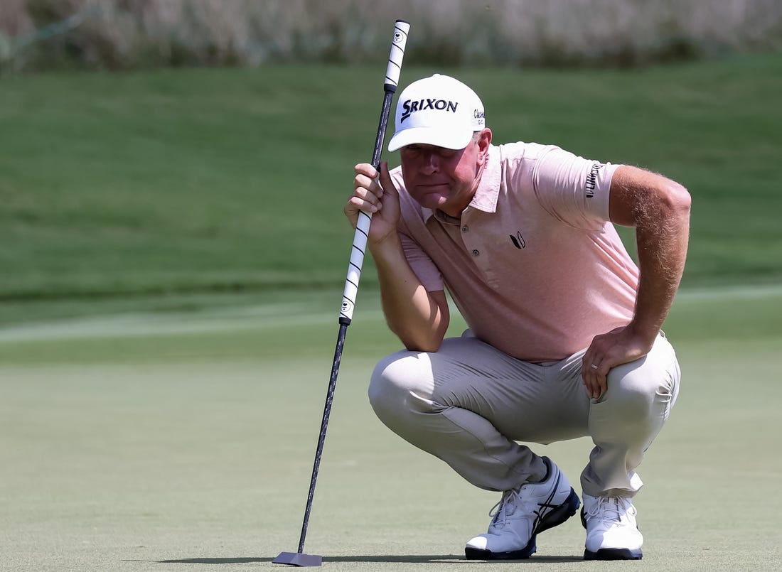 Aug 5, 2023; Greensboro, North Carolina, USA; Lucas Glover sets for a putt on the 8th green during the third round of the Wyndham Championship golf tournament. Mandatory Credit: David Yeazell-USA TODAY Sports