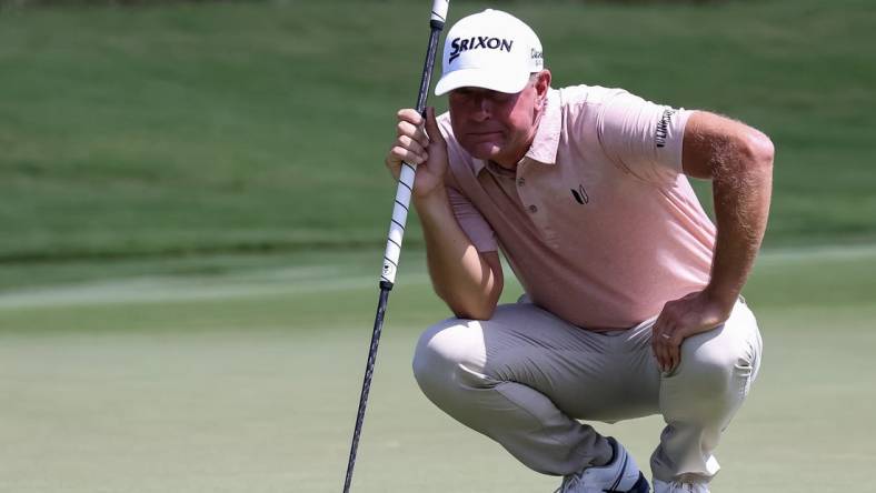 Aug 5, 2023; Greensboro, North Carolina, USA; Lucas Glover sets for a putt on the 8th green during the third round of the Wyndham Championship golf tournament. Mandatory Credit: David Yeazell-USA TODAY Sports