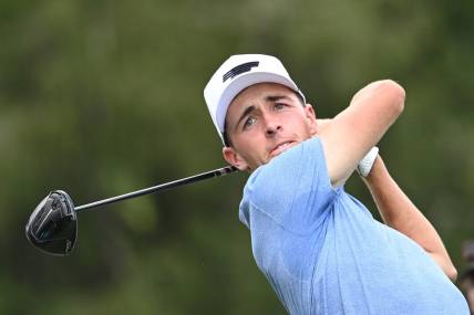 Aug 5, 2023; White Sulphur Springs, West Virginia, USA; David Puig tees off on the 11th hole during the second round of the LIV Golf event at The Old White Course. Mandatory Credit: Bob Donnan-USA TODAY Sports