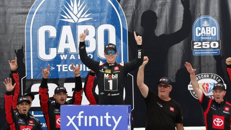 Aug 5, 2023; Brooklyn, Michigan, USA; Xfinity Series driver John Hunter Nemechek (20) reacts after winning the Cabo Wabo 250 at Michigan International Speedway. Mandatory Credit: Mike Dinovo-USA TODAY Sports