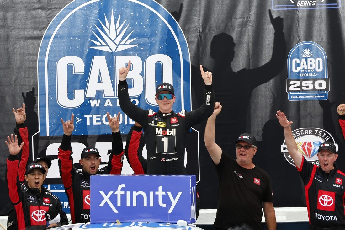 Aug 5, 2023; Brooklyn, Michigan, USA; Xfinity Series driver John Hunter Nemechek (20) reacts after winning the Cabo Wabo 250 at Michigan International Speedway. Mandatory Credit: Mike Dinovo-USA TODAY Sports