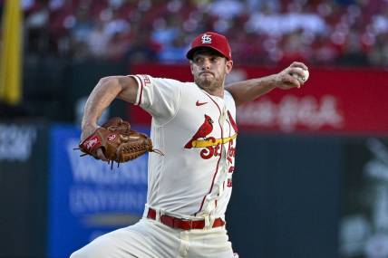 Aug 5, 2023; St. Louis, Missouri, USA;  St. Louis Cardinals starting pitcher Steven Matz (32) pitches against the Colorado Rockies during the fourth inning at Busch Stadium. Mandatory Credit: Jeff Curry-USA TODAY Sports