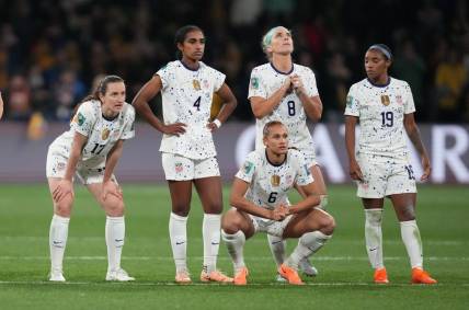 Aug 6, 2023; Melbourne, AUS; United States players midfielder Andi Sullivan (17), defender Naomi Girma (4), forward Lynn Williams (6), midfielder Julie Ertz (8) and defender Crystal Dunn (19) react as Sweden forward Lina Hurtig (not pictured) takes the winning kick in the penalty kick shootout during a Round of 16 match in the 2023 FIFA Women's World Cup at Melbourne Rectangular Stadium. Mandatory Credit: Jenna Watson-USA TODAY Sports