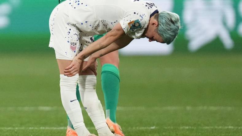 Aug 6, 2023; Melbourne, AUS; United States forward Megan Rapinoe (15) reacts after losing to Sweden in the penalty kick shootout during a Round of 16 match in the 2023 FIFA Women's World Cup at Melbourne Rectangular Stadium. Mandatory Credit: Jenna Watson-USA TODAY Sports