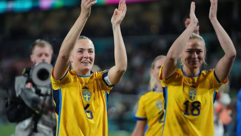 Aug 6, 2023; Melbourne, AUS; Sweden defender Magdalena Eriksson (6) and forward Fridolina Rolfo (18) celebrate after defeating the United States in the penalty kick shootout during a Round of 16 match in the 2023 FIFA Women's World Cup at Melbourne Rectangular Stadium. Mandatory Credit: Jenna Watson-USA TODAY Sports