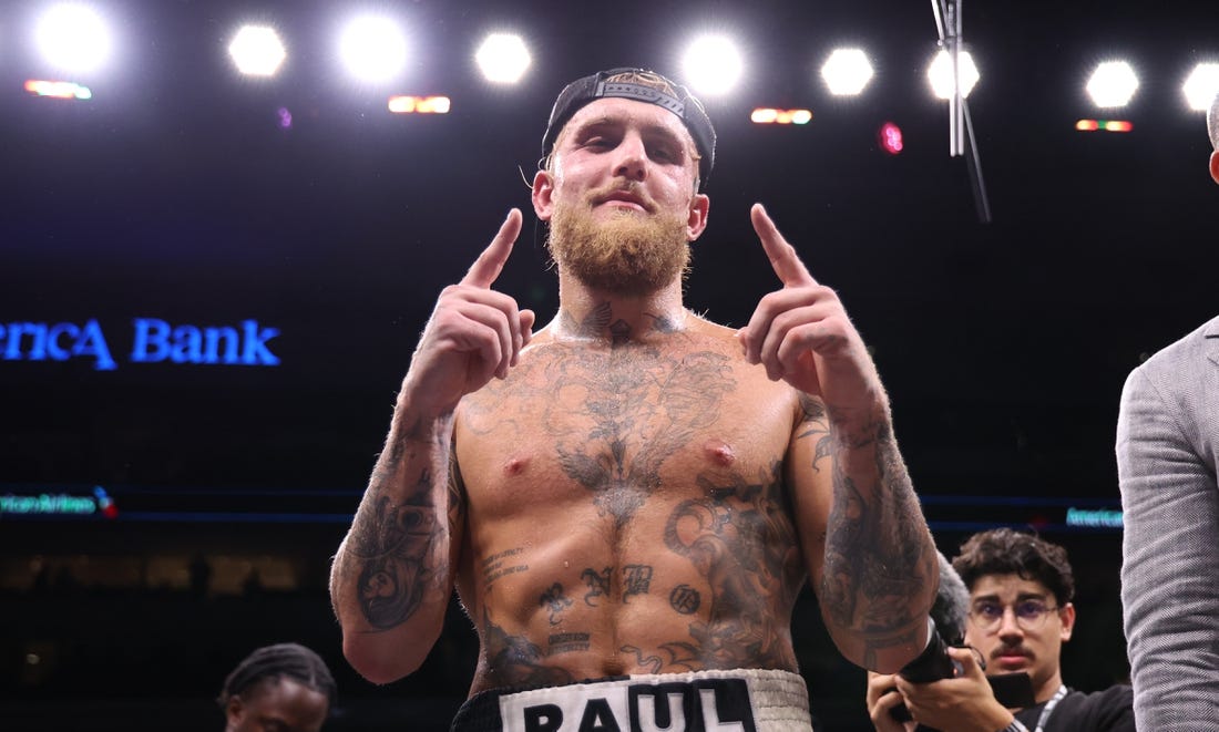 Aug 5, 2023; Dallas, Texas, USA;  Jake Paul fights reacts after the victory against Nate Diaz in a boxing match at American Airlines Center. Mandatory Credit: Kevin Jairaj-USA TODAY Sports