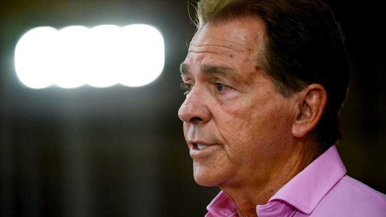 Alabama head football coach Nick Saban speaks to members of the media Sunday, August 6, 2023.