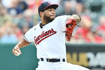 Aug 6, 2023; Cleveland, Ohio, USA; Cleveland Guardians pitcher Xzavion Curry (44) throws a pitch during the first inning against the Chicago White Sox at Progressive Field. Mandatory Credit: Ken Blaze-USA TODAY Sports