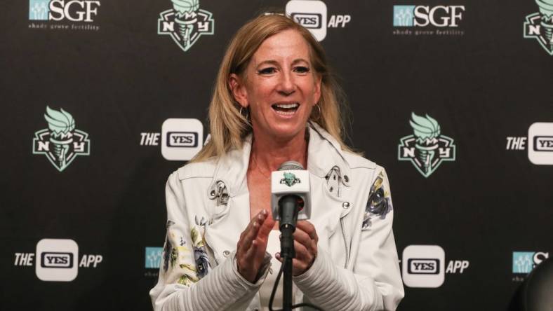 Aug 6, 2023; Brooklyn, New York, USA;  WNBA Commissioner Cathy Engelbert speaks at a press conference prior to the game between the Las Vegas Aces and the New York Liberty at Barclays Center. Mandatory Credit: Wendell Cruz-USA TODAY Sports