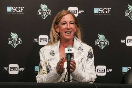 Aug 6, 2023; Brooklyn, New York, USA;  WNBA Commissioner Cathy Engelbert speaks at a press conference prior to the game between the Las Vegas Aces and the New York Liberty at Barclays Center. Mandatory Credit: Wendell Cruz-USA TODAY Sports