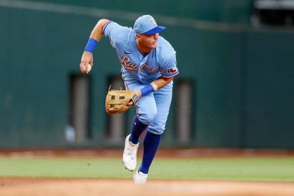 Aug 6, 2023; Arlington, Texas, USA; Texas Rangers third baseman Josh Jung (6) fields a ground ball during the first inning against the Miami Marlins at Globe Life Field. Mandatory Credit: Andrew Dieb-USA TODAY Sports