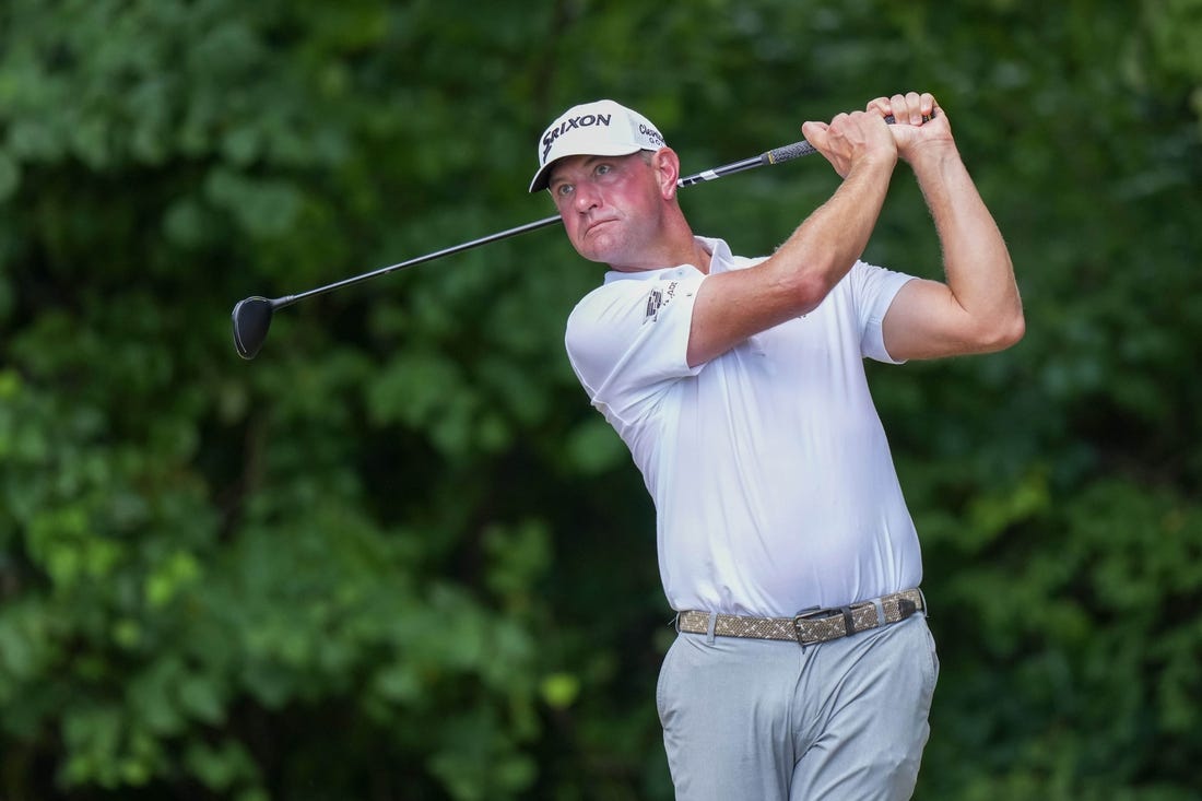 Aug 6, 2023; Greensboro, North Carolina, USA; Lucas Glover watches his shot from the 2nd tee during the final round of the Wyndham Championship golf tournament. Mandatory Credit: David Yeazell-USA TODAY Sports