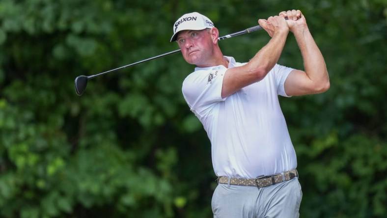 Aug 6, 2023; Greensboro, North Carolina, USA; Lucas Glover watches his shot from the 2nd tee during the final round of the Wyndham Championship golf tournament. Mandatory Credit: David Yeazell-USA TODAY Sports