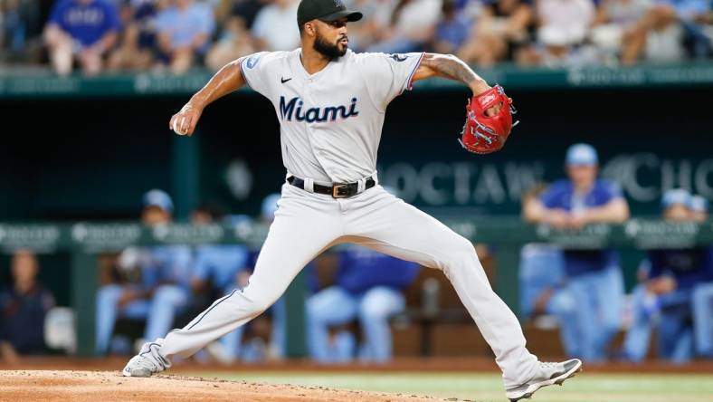 Aug 6, 2023; Arlington, Texas, USA; Miami Marlins starting pitcher Sandy Alcantara (22) throws during the first inning against the Texas Rangers at Globe Life Field. Mandatory Credit: Andrew Dieb-USA TODAY Sports