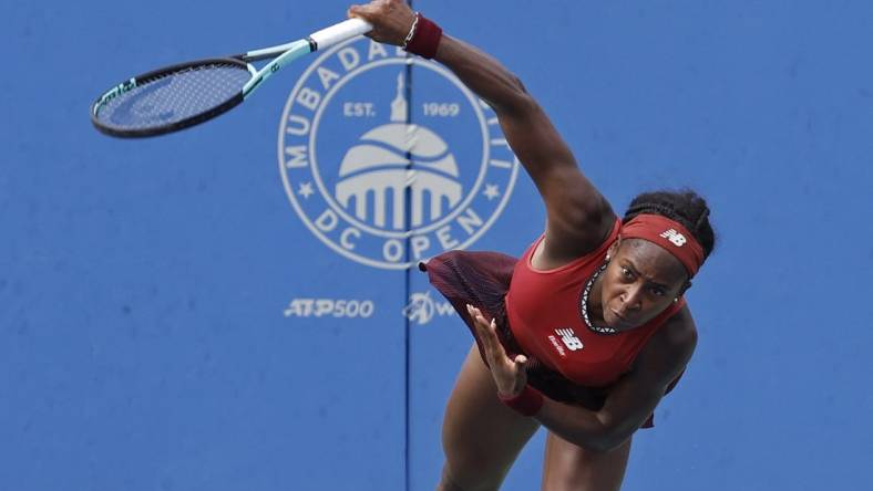 Aug 6, 2023; Washington, D.C., USA; Coco Gauff (USA) serves against Maria Sakkari (GRE) (not pictured) in the women's singles final on day nine of the Mubadala Citi DC Open at Fitzgerald Tennis Stadium. Mandatory Credit: Geoff Burke-USA TODAY Sports