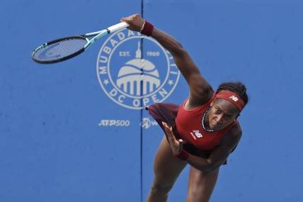 Aug 6, 2023; Washington, D.C., USA; Coco Gauff (USA) serves against Maria Sakkari (GRE) (not pictured) in the women's singles final on day nine of the Mubadala Citi DC Open at Fitzgerald Tennis Stadium. Mandatory Credit: Geoff Burke-USA TODAY Sports
