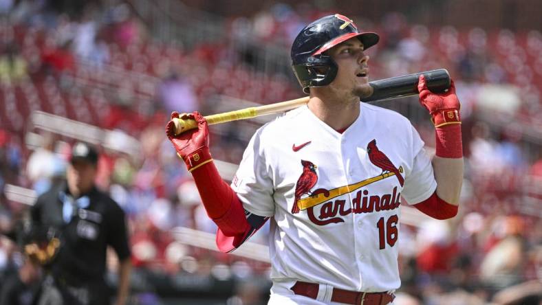 Aug 6, 2023; St. Louis, Missouri, USA;  St. Louis Cardinals second baseman Nolan Gorman (16) walks back to the dugout after popping out in to foul territory against the Colorado Rockies during the ninth inning at Busch Stadium. Mandatory Credit: Jeff Curry-USA TODAY Sports