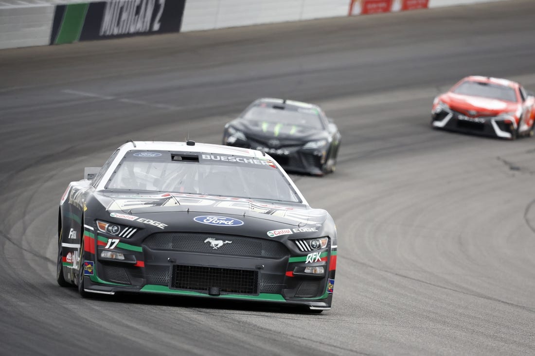 Aug 6, 2023; Brooklyn, Michigan, USA; NASCAR Cup Series driver Chris Buescher (17) during the FireKeepers Casino 400 at Michigan International Speedway. Mandatory Credit: Mike Dinovo-USA TODAY Sports