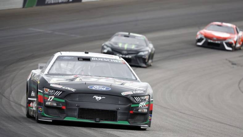 Aug 6, 2023; Brooklyn, Michigan, USA; NASCAR Cup Series driver Chris Buescher (17) during the FireKeepers Casino 400 at Michigan International Speedway. Mandatory Credit: Mike Dinovo-USA TODAY Sports