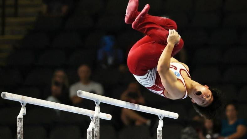 Aug 6, 2023; Hoffman Estates, Illinois, USA; Asher Hong performs on the parallel bars during the Core Hydration Classic at NOW Arena. Mandatory Credit: Jon Durr-USA TODAY Sports