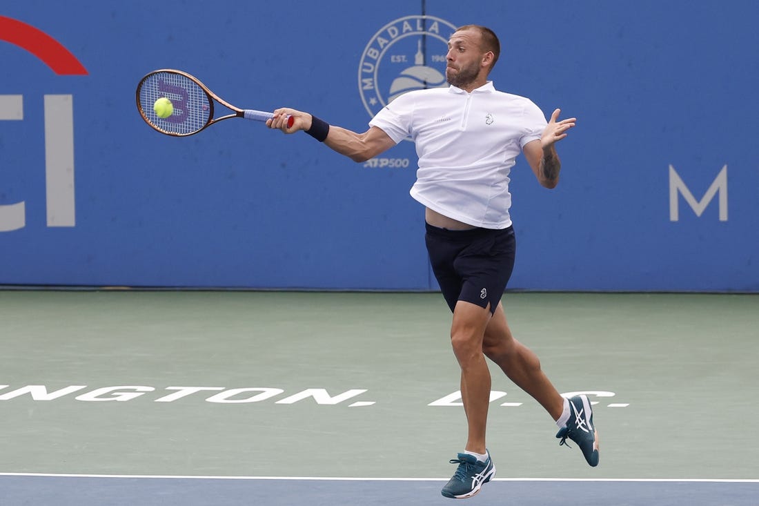 Aug 6, 2023; Washington, D.C., USA; Daniel Evans (GBR) hits a forehand against Tallon Griekspoor (NED) (not pictured) in the men's singles final on day nine of the Mubadala Citi DC Open at Fitzgerald Tennis Stadium. Mandatory Credit: Geoff Burke-USA TODAY Sports