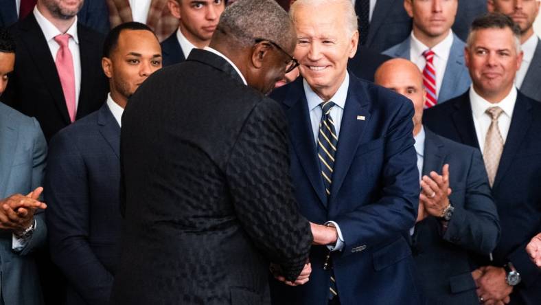 Aug 7, 2023; Washington, DC, USA; President Joe Biden shakes hands with Houston Astros manager Dusty Baker to the White House to celebrate their MLB 2022 World Series victory Monday, Aug. 7, 2023. Mandatory Credit: Josh Morgan-USA TODAY