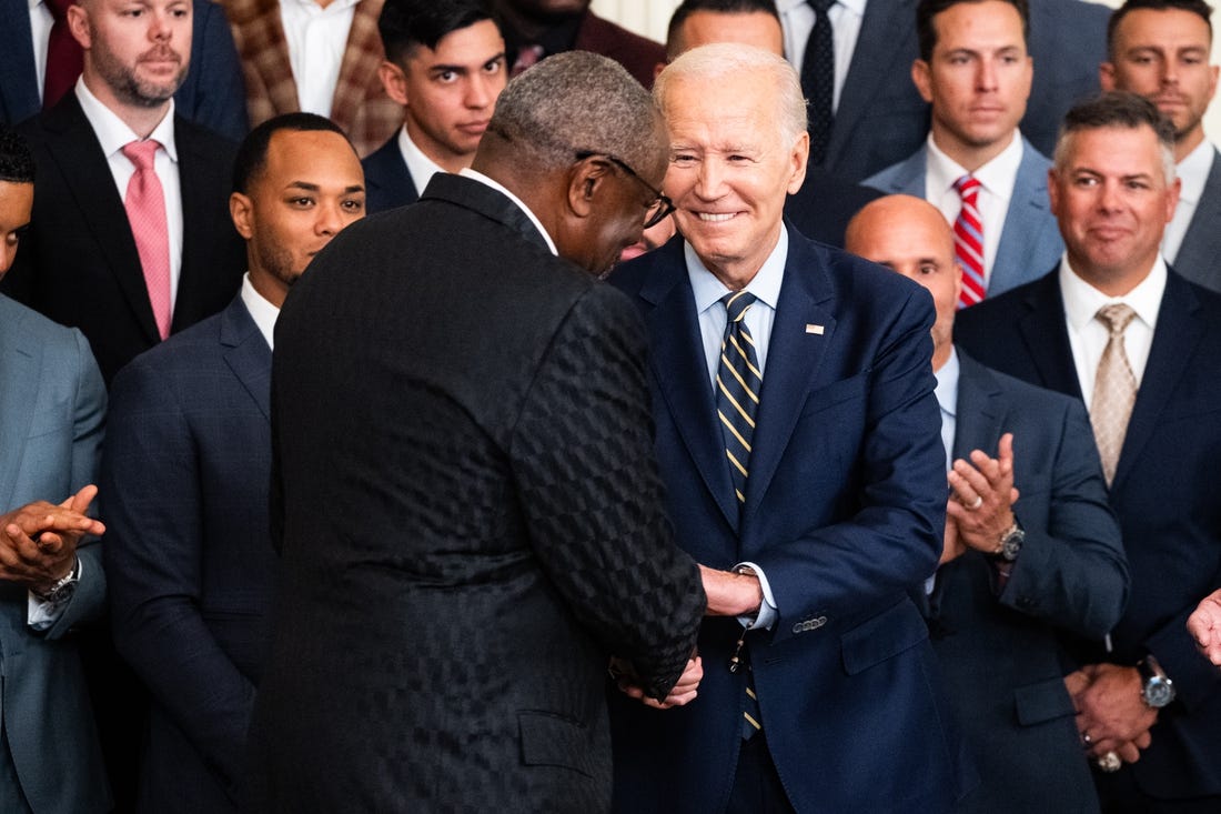 Aug 7, 2023; Washington, DC, USA; President Joe Biden shakes hands with Houston Astros manager Dusty Baker to the White House to celebrate their MLB 2022 World Series victory Monday, Aug. 7, 2023. Mandatory Credit: Josh Morgan-USA TODAY