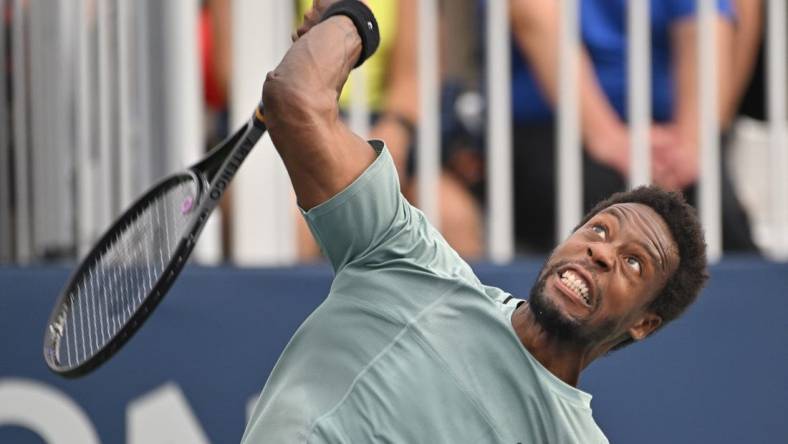 Aug 7, 2023; Toronto, Ontario, Canada;  Gael Monfils (FRA) serves against Christopher Eubanks (USA) (not pictured) in first round play at Sobeys Stadium. Mandatory Credit: Dan Hamilton-USA TODAY Sports