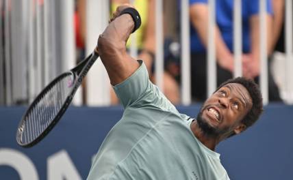 Aug 7, 2023; Toronto, Ontario, Canada;  Gael Monfils (FRA) serves against Christopher Eubanks (USA) (not pictured) in first round play at Sobeys Stadium. Mandatory Credit: Dan Hamilton-USA TODAY Sports